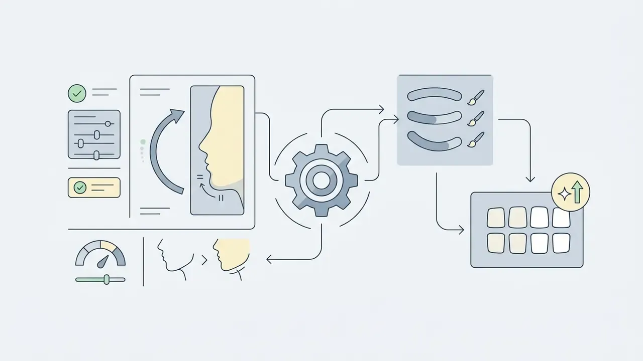 Gear mechanism linking facial jawline adjustment tools to brush effects and a final teeth whitening grid
