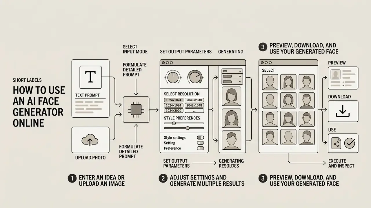 Step-by-step process diagram showing input selection, parameter configuration, and final media export