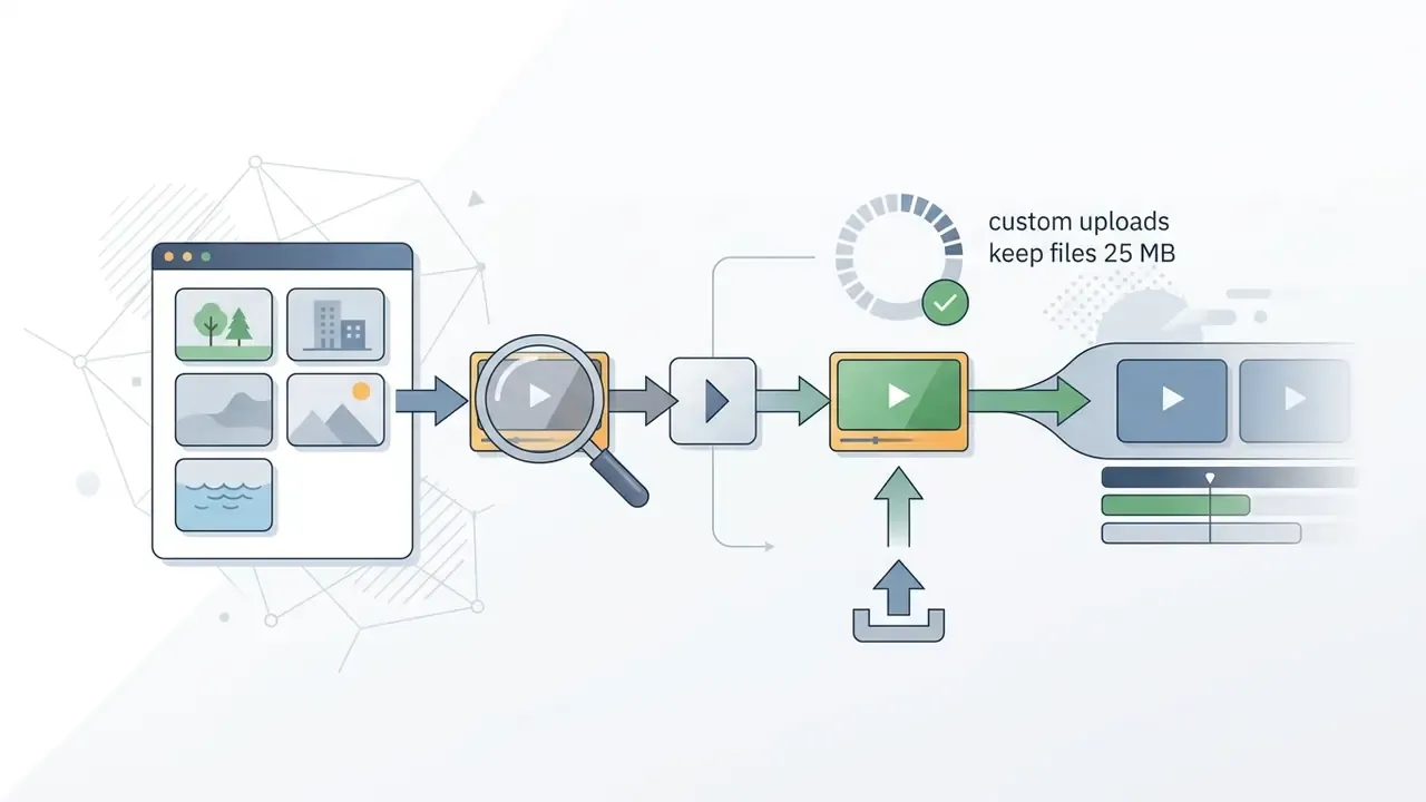 Magnifying glass inspecting stock clips and replacing them with custom file uploads in Pictory AI