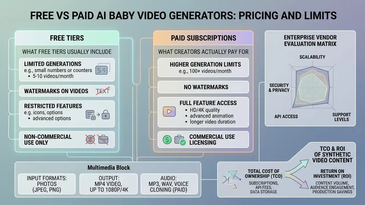 Comparison chart detailing features, costs, and enterprise considerations for synthetic media tools