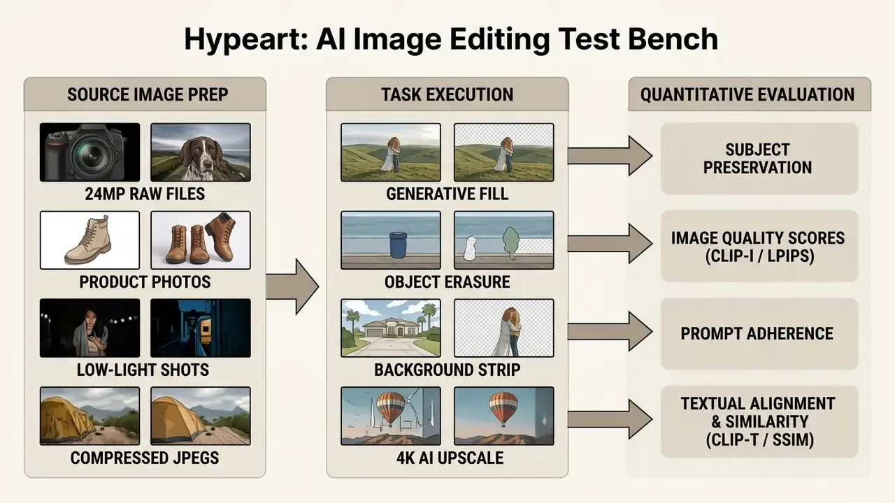 Flowchart detailing the workflow from source image preparation and task execution to quantitative evaluation