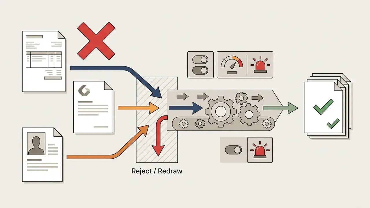 Documents flowing through a gear processing hub with rejection paths and alert indicators toward approval