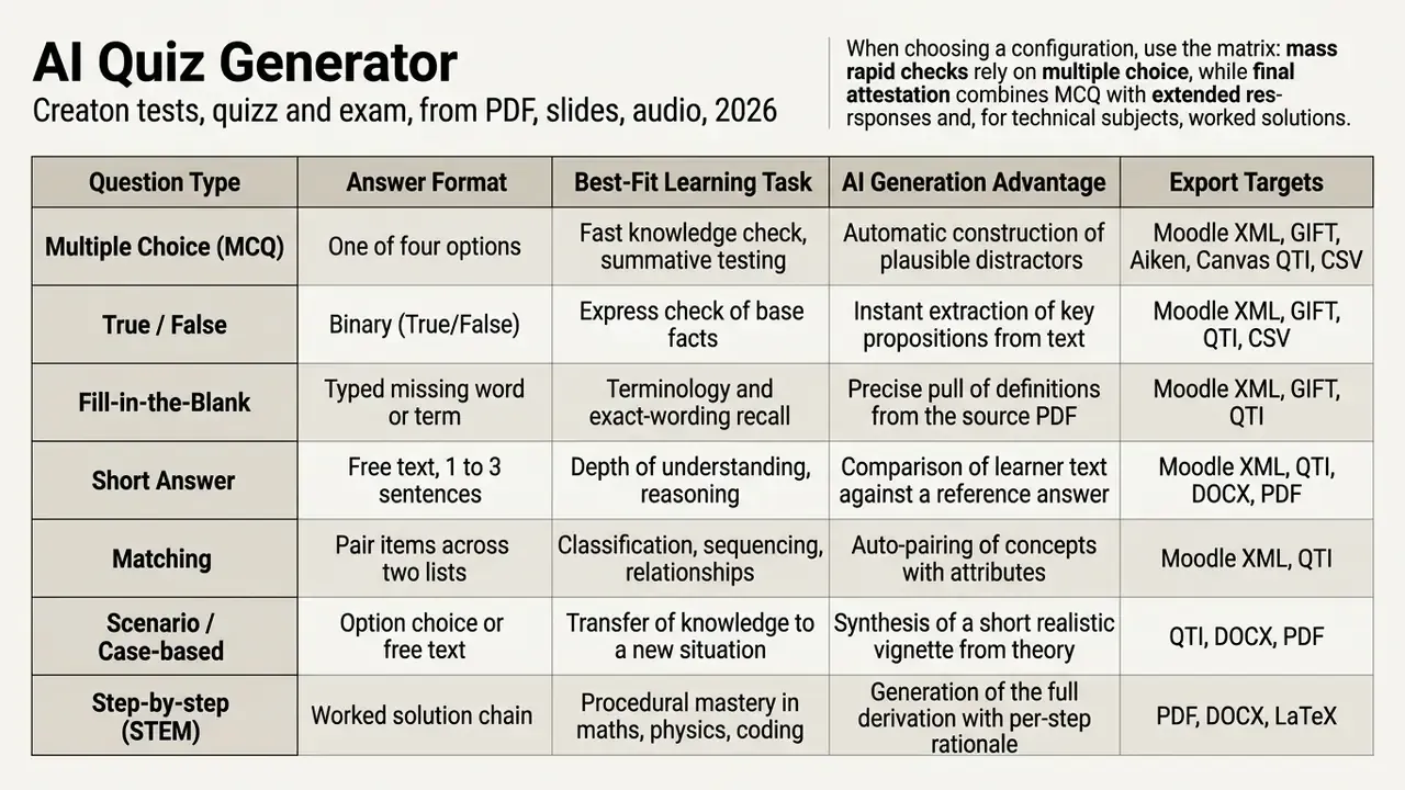 Table comparing question types, answer formats, learning tasks, AI advantages, and export file formats