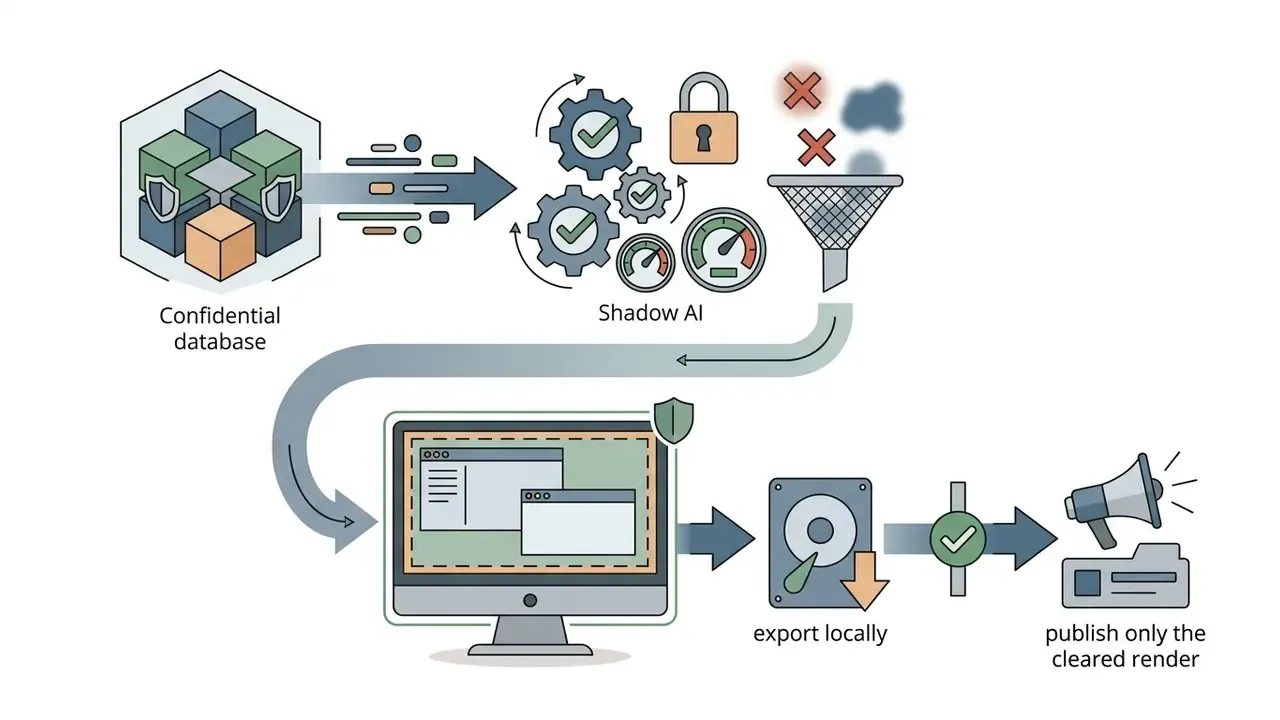 Database blocks data from Shadow AI, rerouting files to a local desktop for export and cleared publishing