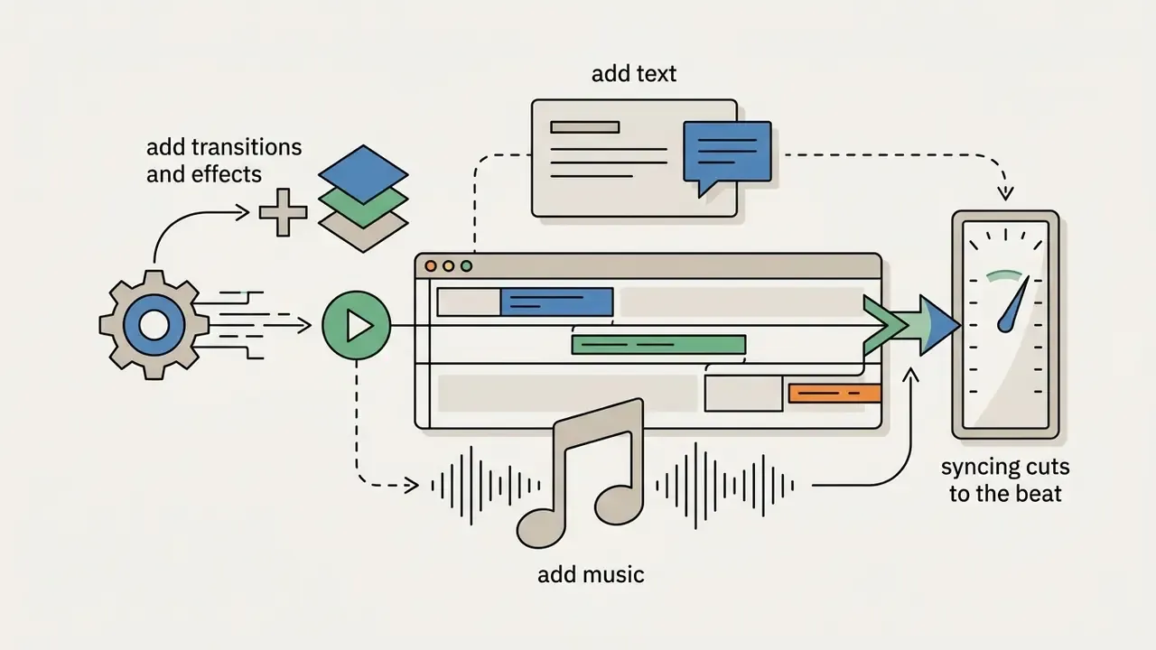 Workflow diagram showing how to add music, text, and transitions to video clips for beat-synced editing
