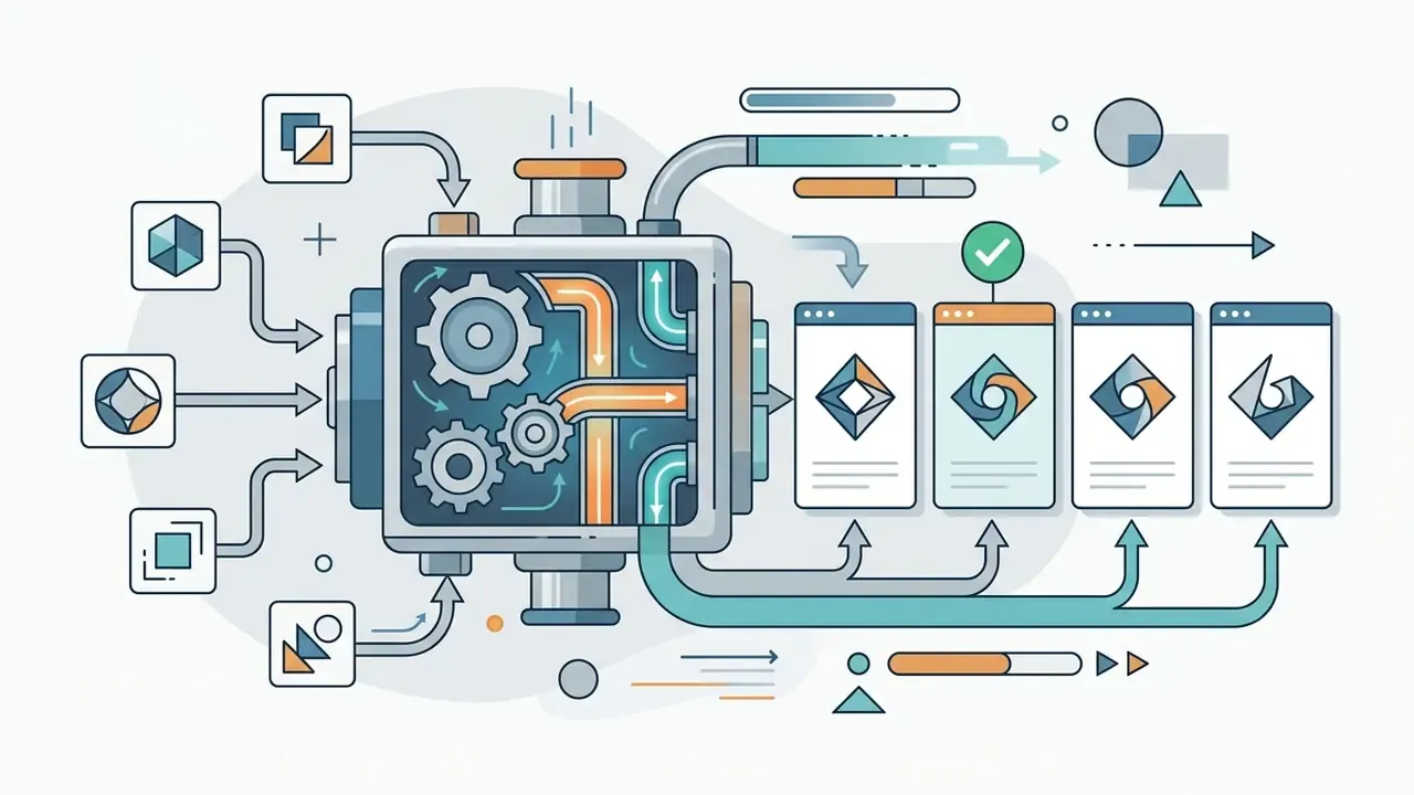 Mechanical engine processing multiple input icons into four distinct design variations