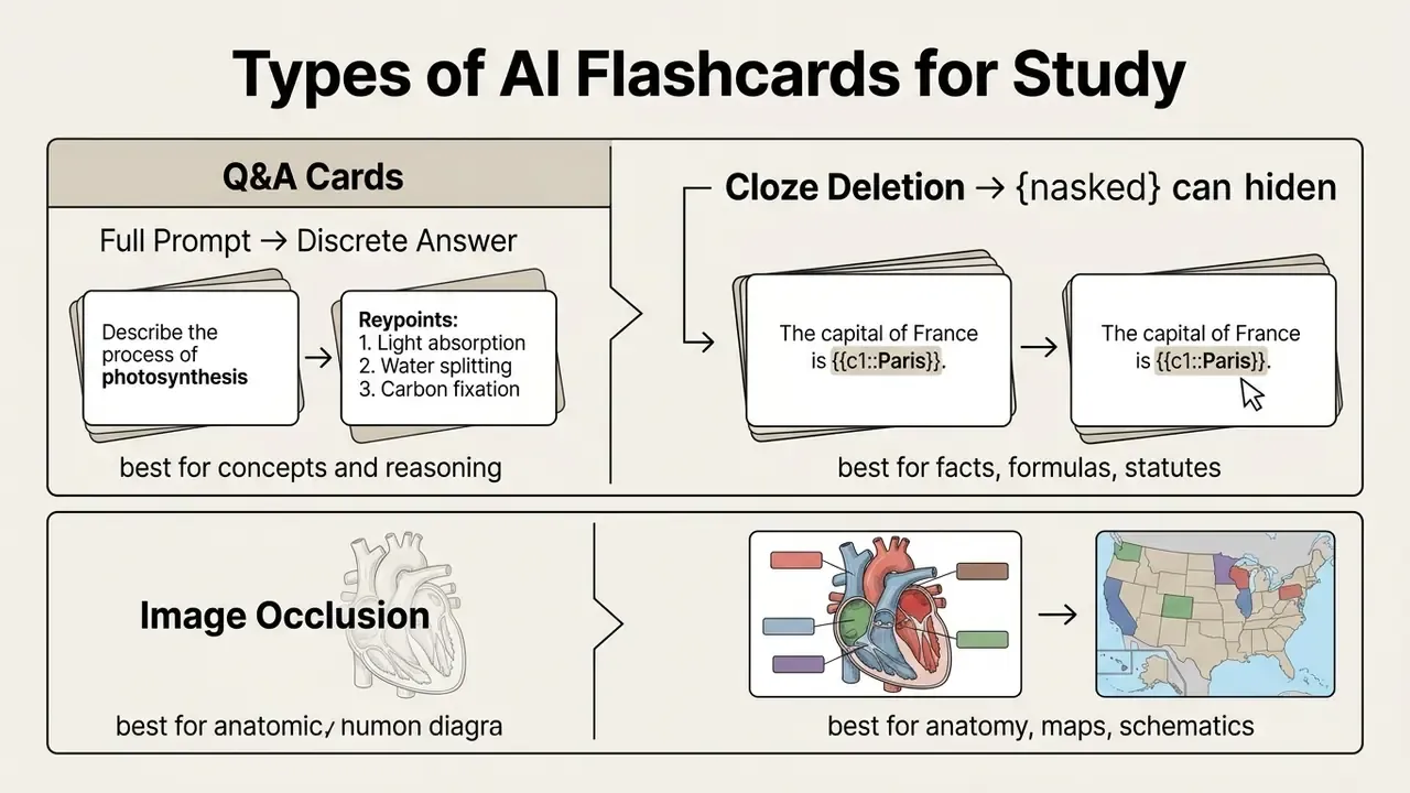Comparison table showing Q&A, cloze deletion, and image occlusion formats for study cards