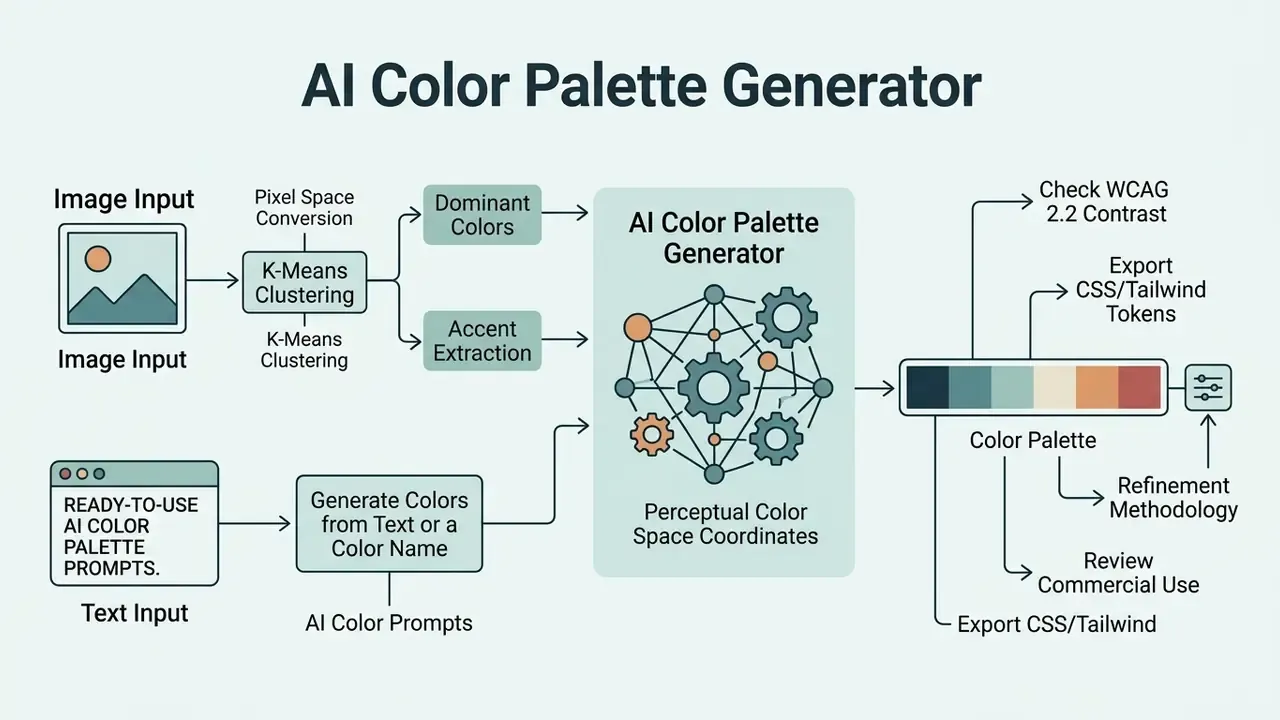 Diagram showing how an AI color palette generator processes image or text inputs into final color schemes