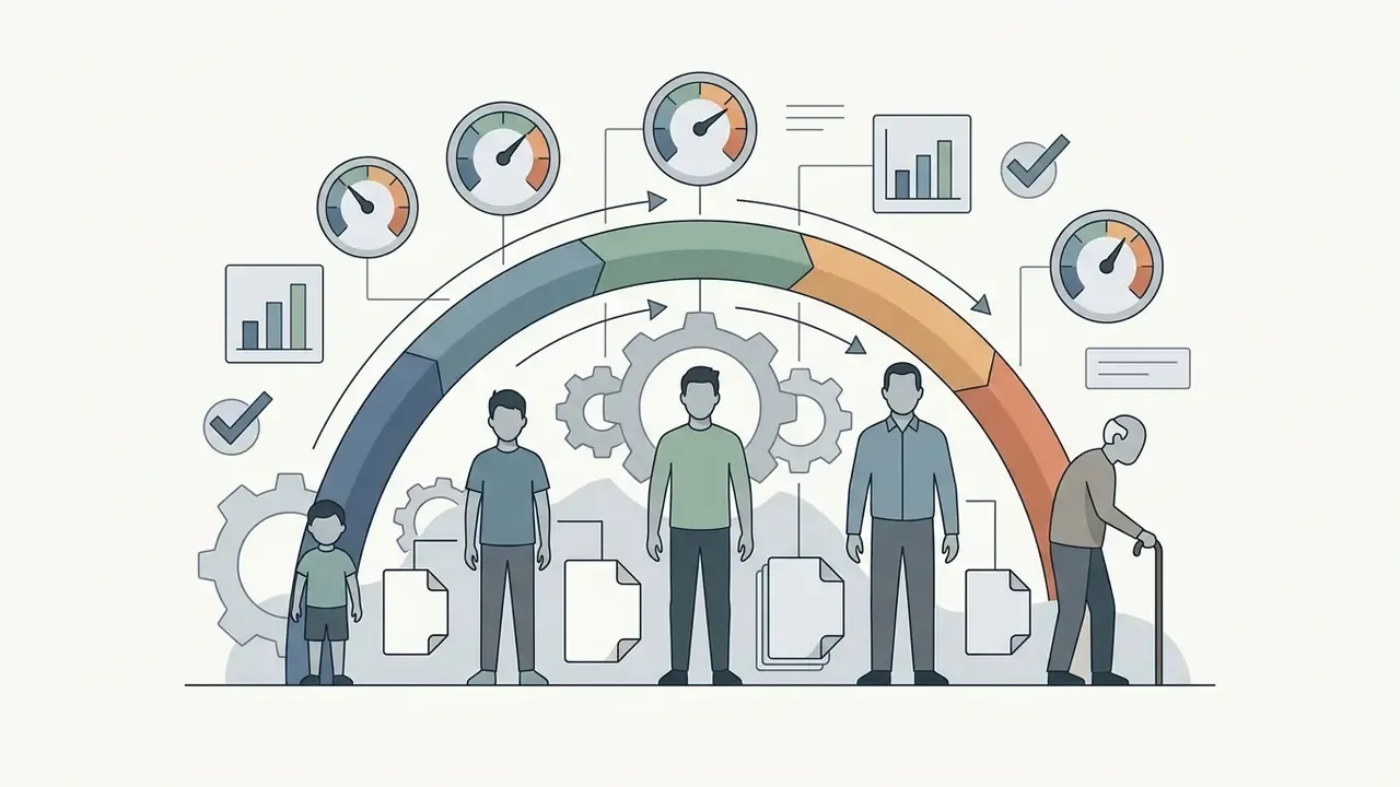 Five figures representing different age groups beneath a curved progress bar with gauges and gear icons