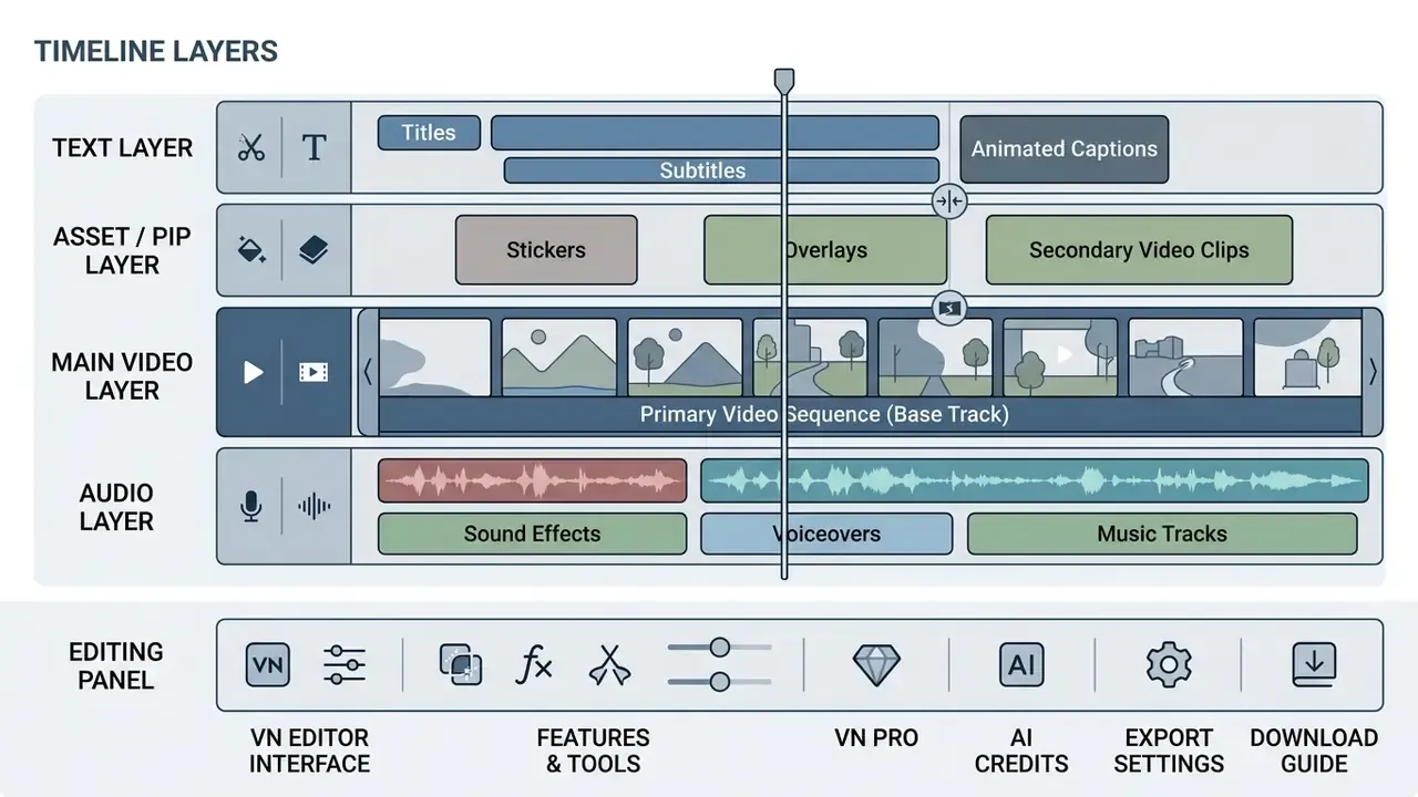 Layered timeline structure showing text, assets, primary video, and audio tracks with editing tools