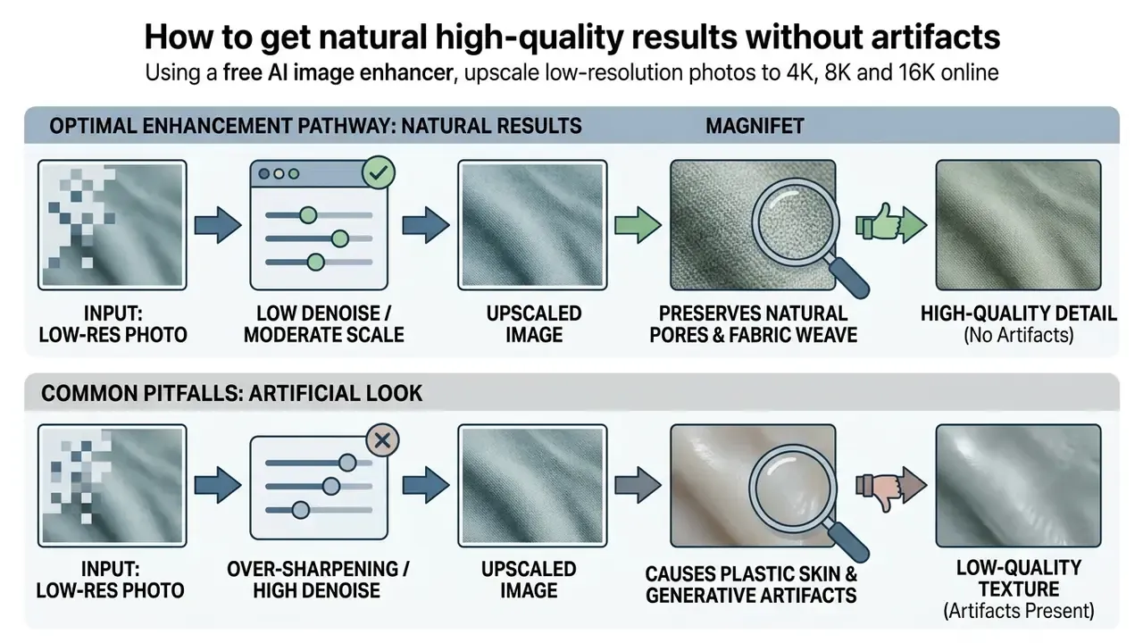 Comparison diagram showing how moderate AI enhancement preserves texture while over-sharpening creates artifacts