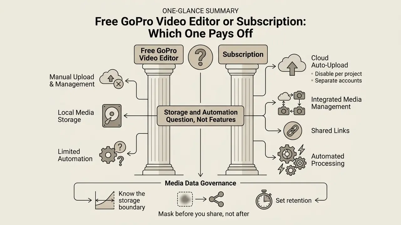 Comparison infographic contrasting free GoPro video editor features with subscription benefits