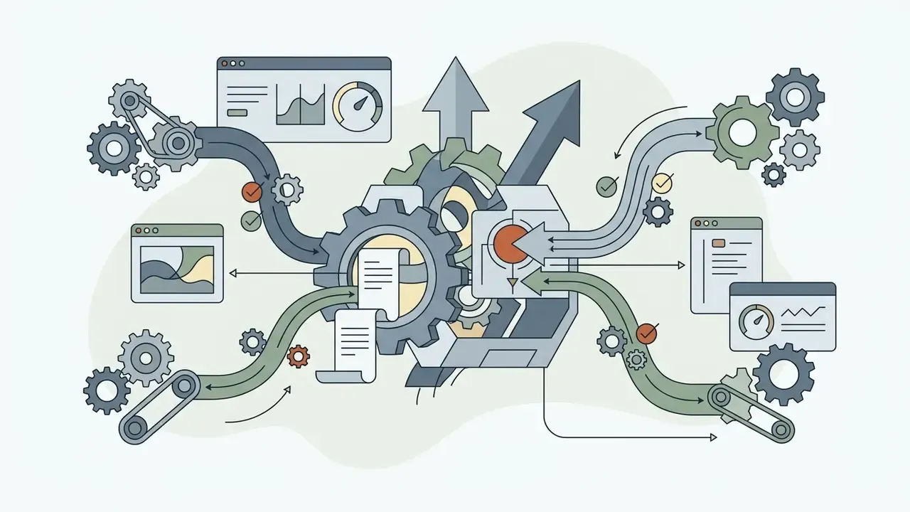 Central gears connecting documents and data dashboards to illustrate the collaborative nature of AI