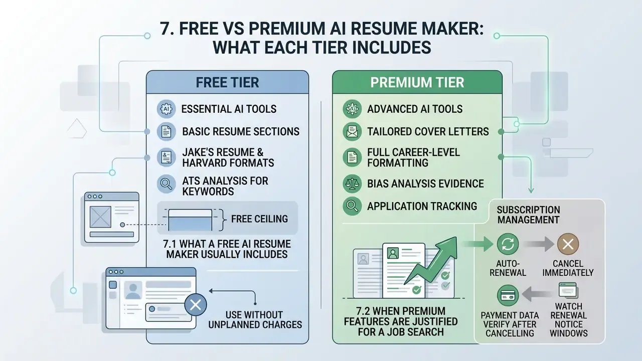 Side-by-side comparison of free and premium AI resume maker features and subscription management steps