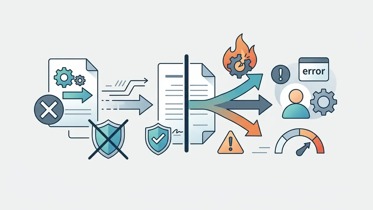 Documents passing through a protective barrier to split into error, human review, and performance paths