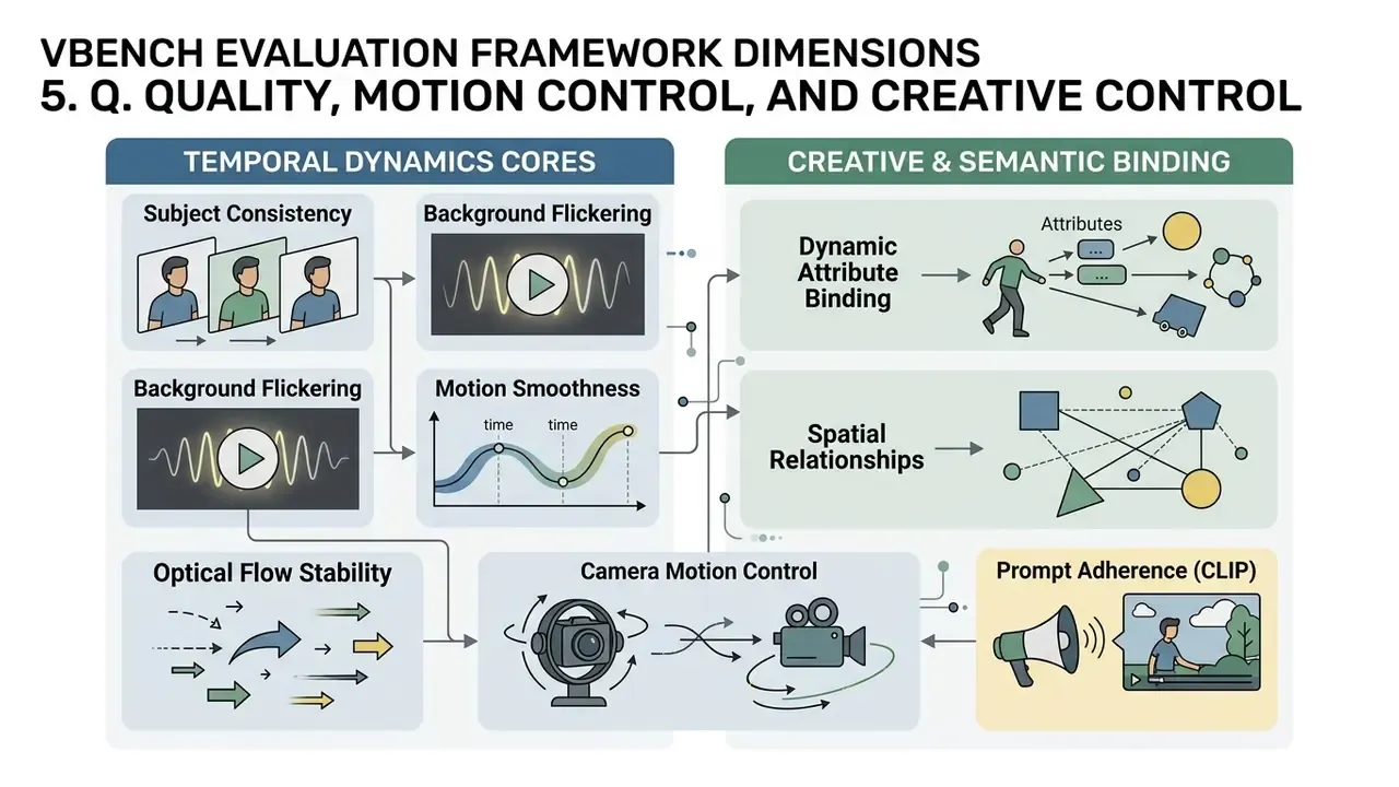Flowchart detailing evaluation metrics for temporal dynamics and creative binding in AI video generation