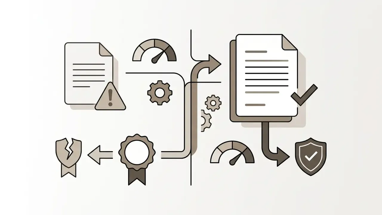 Icons of documents, gears, and gauges illustrating a split between unprotected and protected workflows