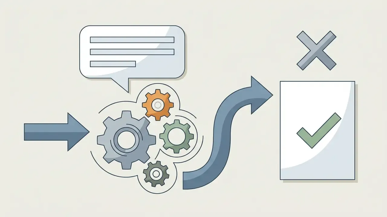 Arrow feeding a speech bubble and gears into a document marked with a checkmark and a cross symbol