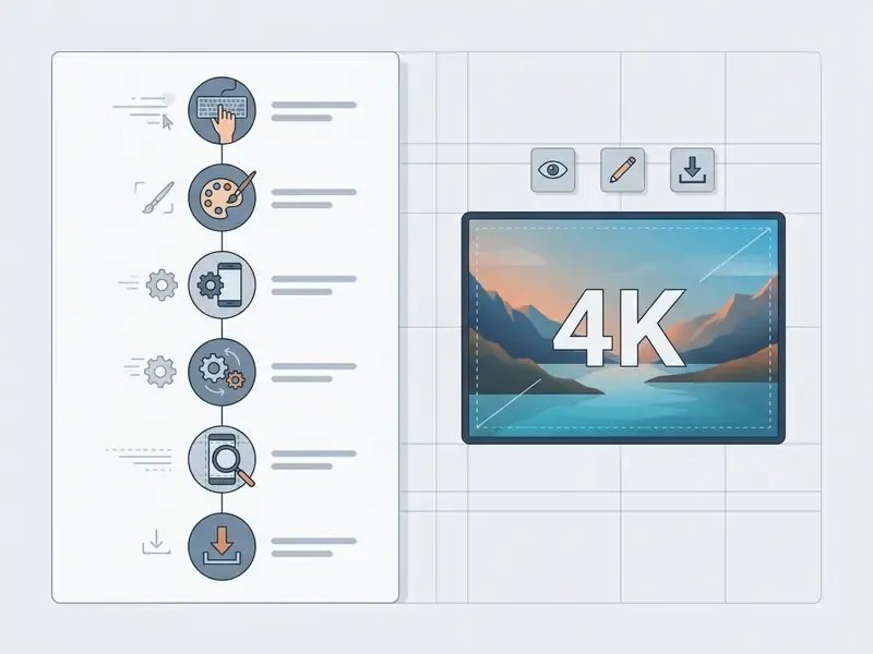 Vertical list of six icons representing design steps next to a preview of a landscape image on a screen