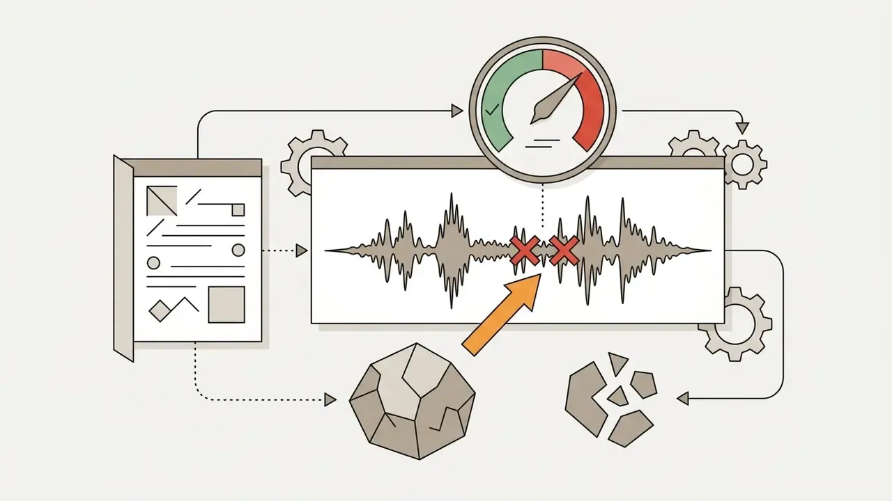 Audio waveform with red crosses pointing to errors monitored by a gauge and connected to document data