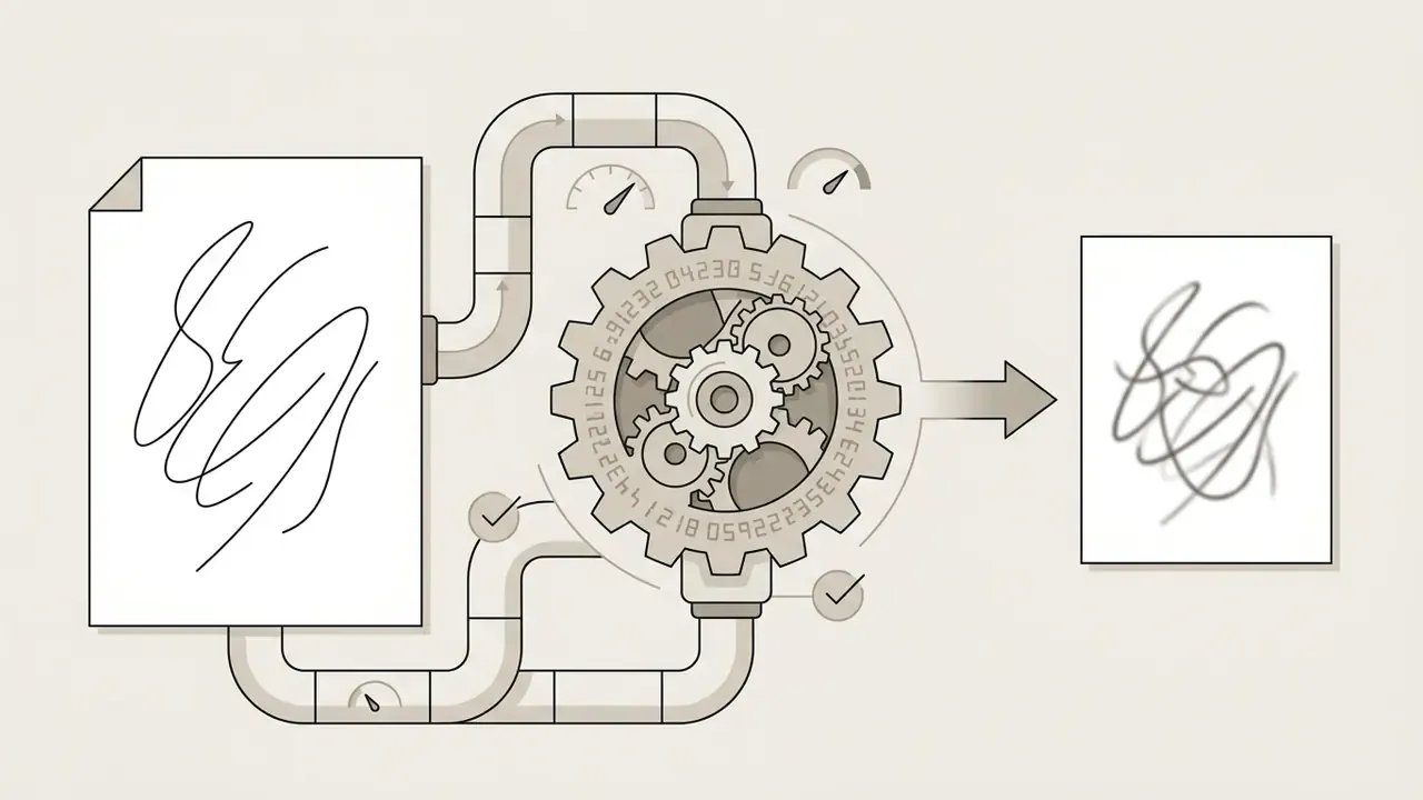 Document with scribbles flowing through pipes into a gear mechanism that outputs a processed image