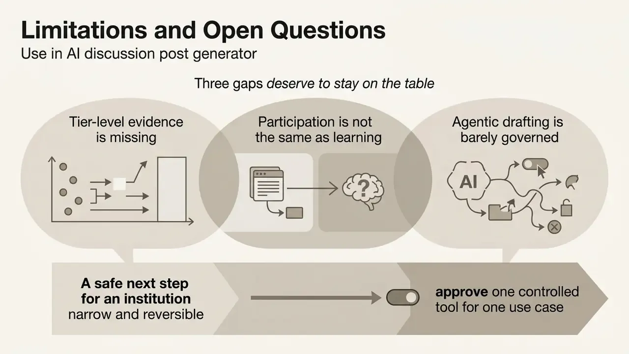 Three conceptual bubbles highlighting gaps in evidence, learning, and governance with a safe next step