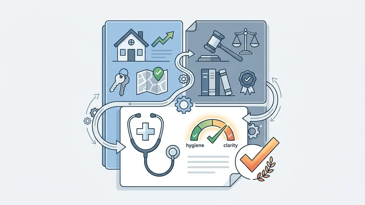 Stethoscope and medical gauge icons linked by gears to real estate and legal symbols on document panels