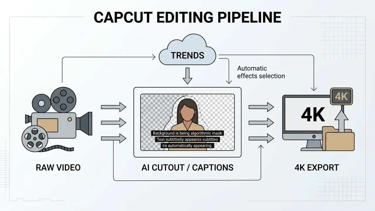 Flowchart illustrating a video editing process from raw footage through AI processing to 4K export