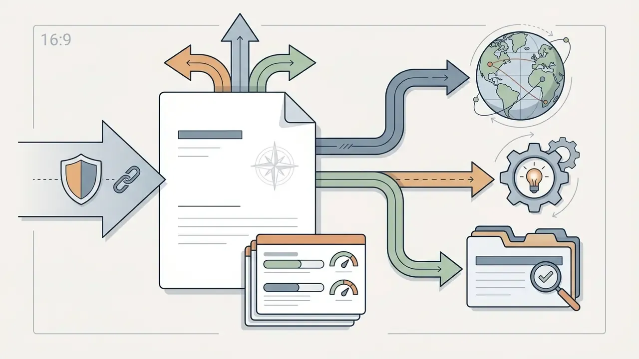Protected data feeding into a central document hub that routes information to global, creative, and audit icons