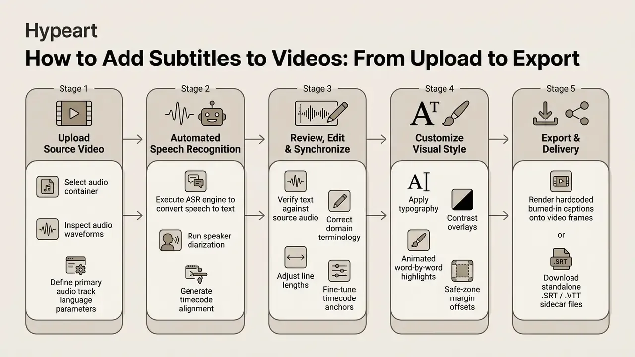 Five-stage linear workflow process for using an AI subtitle generator to produce video captions