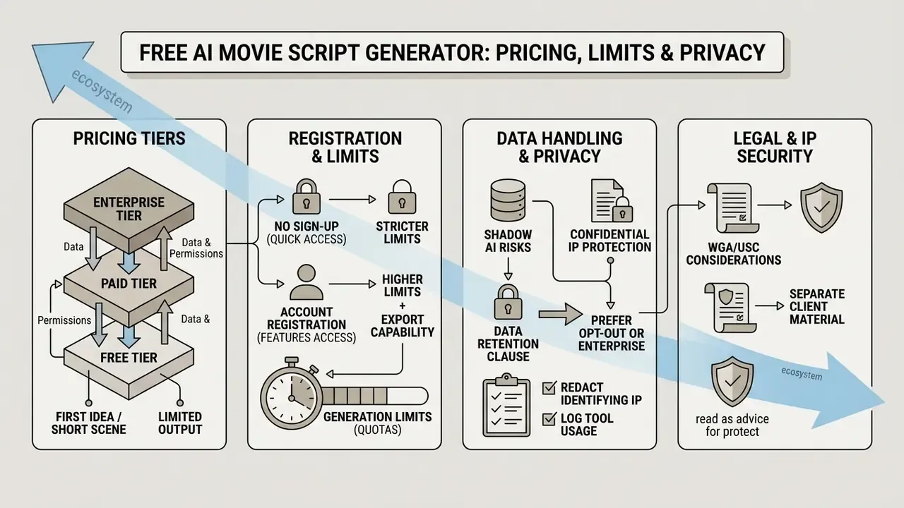 Four-part diagram outlining subscription tiers, registration requirements, data privacy, and legal security