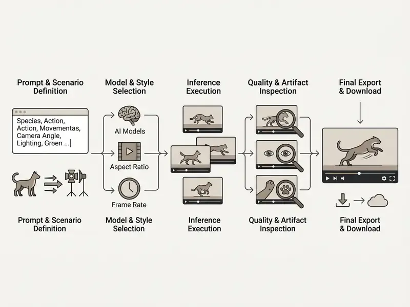 Step-by-step process diagram showing video creation from prompt definition to final file export