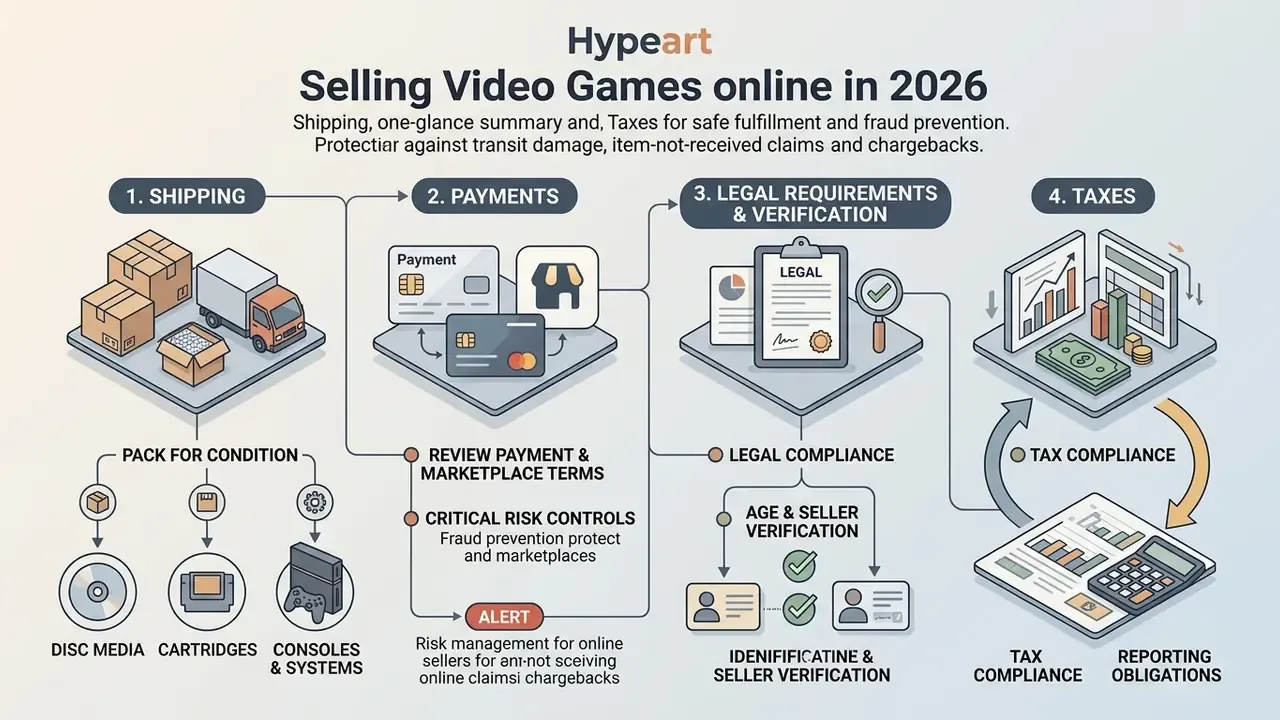Flowchart outlining shipping, payment terms, legal requirements, and tax compliance for selling video games