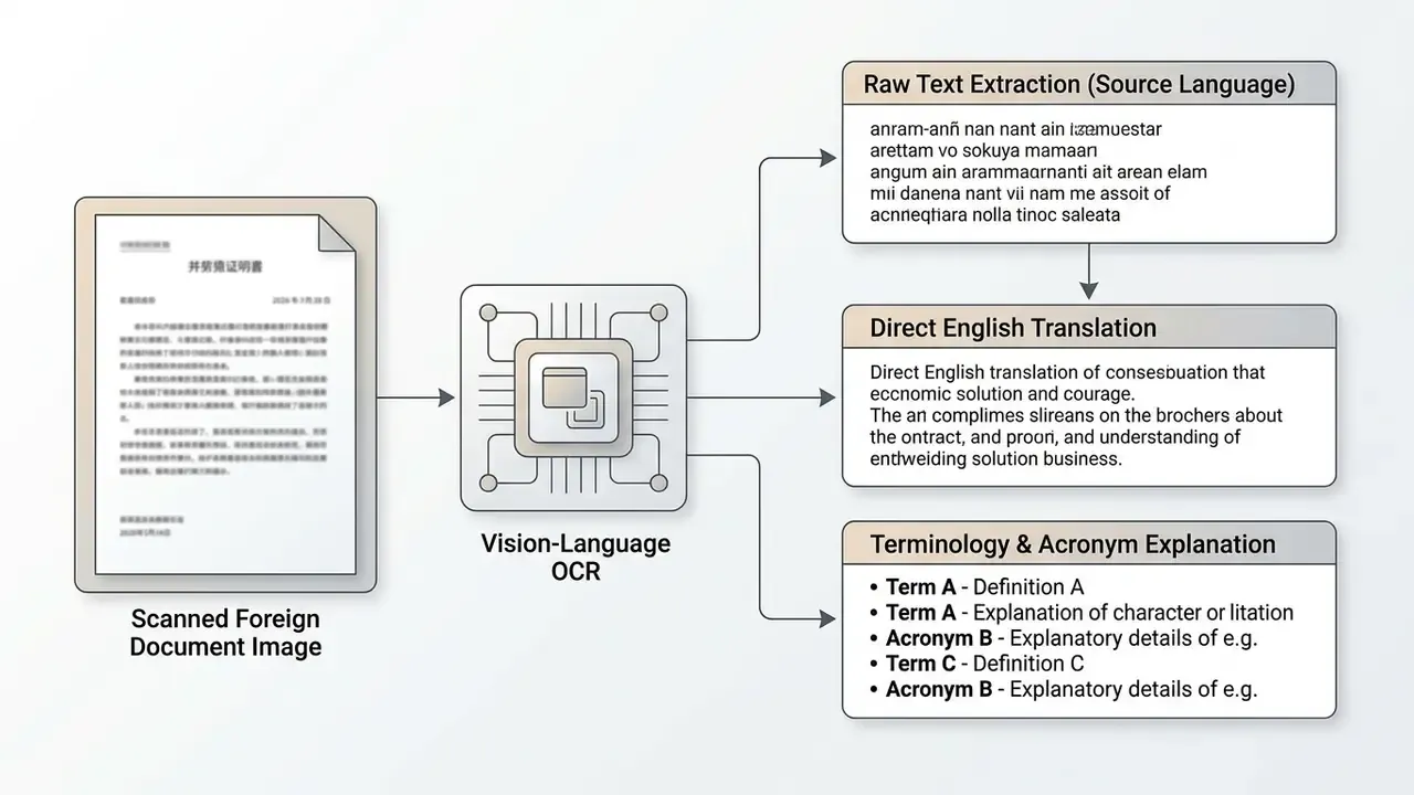 Flowchart showing a scanned document being processed by OCR into raw text, English translation, and analysis
