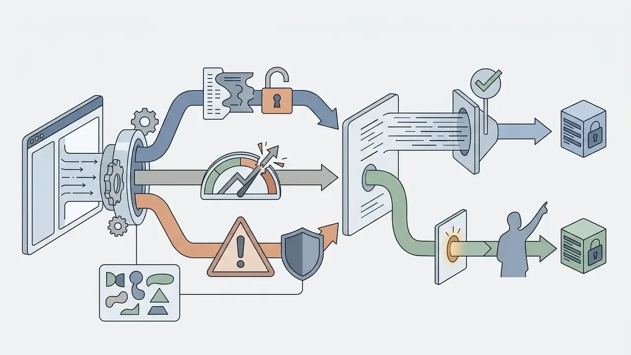 Data streams flowing through security filters, risk gauges, and human oversight to reach secure storage