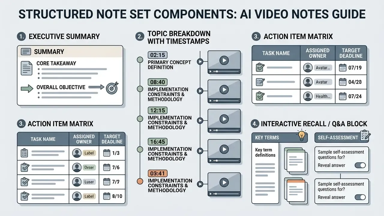 Layout of four structured note components including summaries, timestamped breakdowns, and action matrices