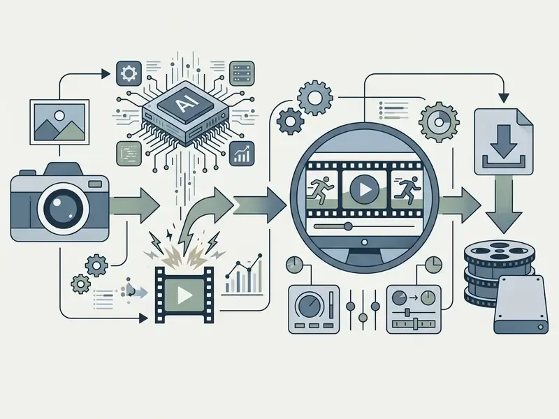 Flowchart depicting digital camera input processing through an AI chip to produce and save video files
