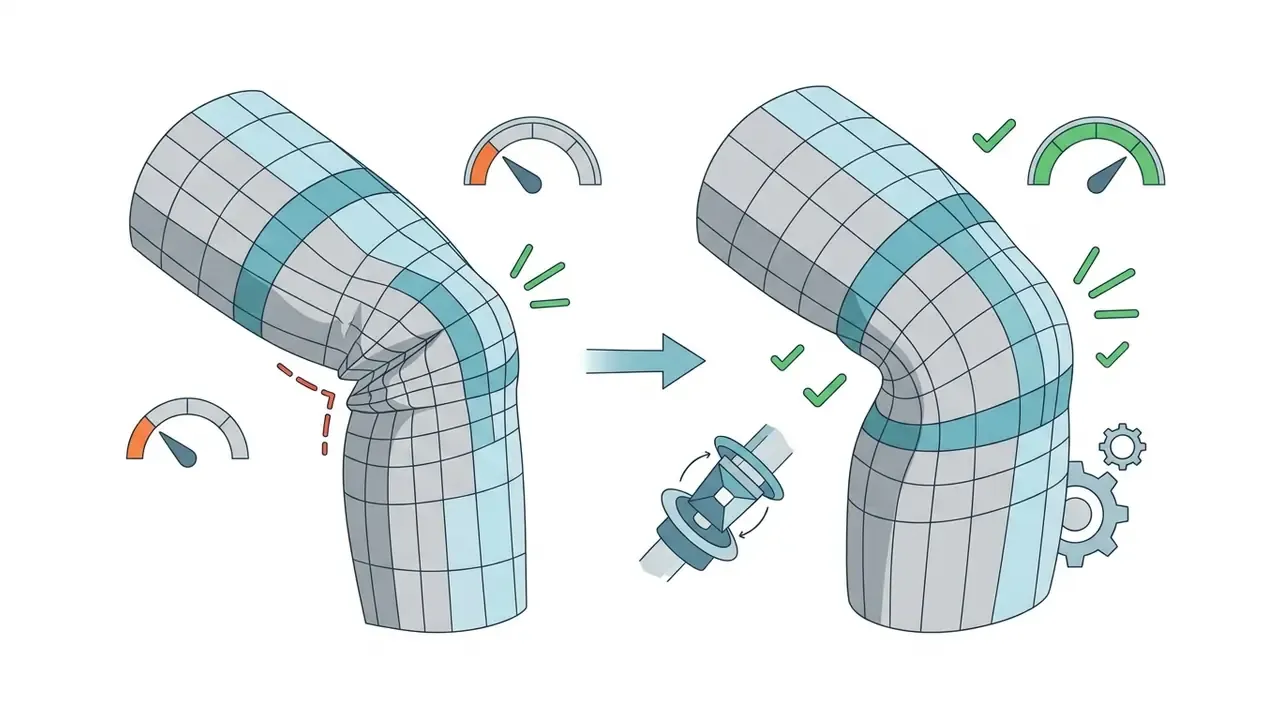 Comparison of a deformed 3D mesh cylinder and an optimized version with proper edge loops and joint geometry