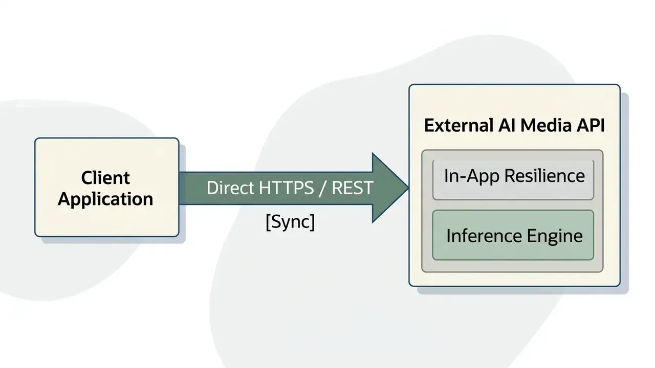 Arrow connecting a client application to an external AI Media API via direct HTTPS and REST