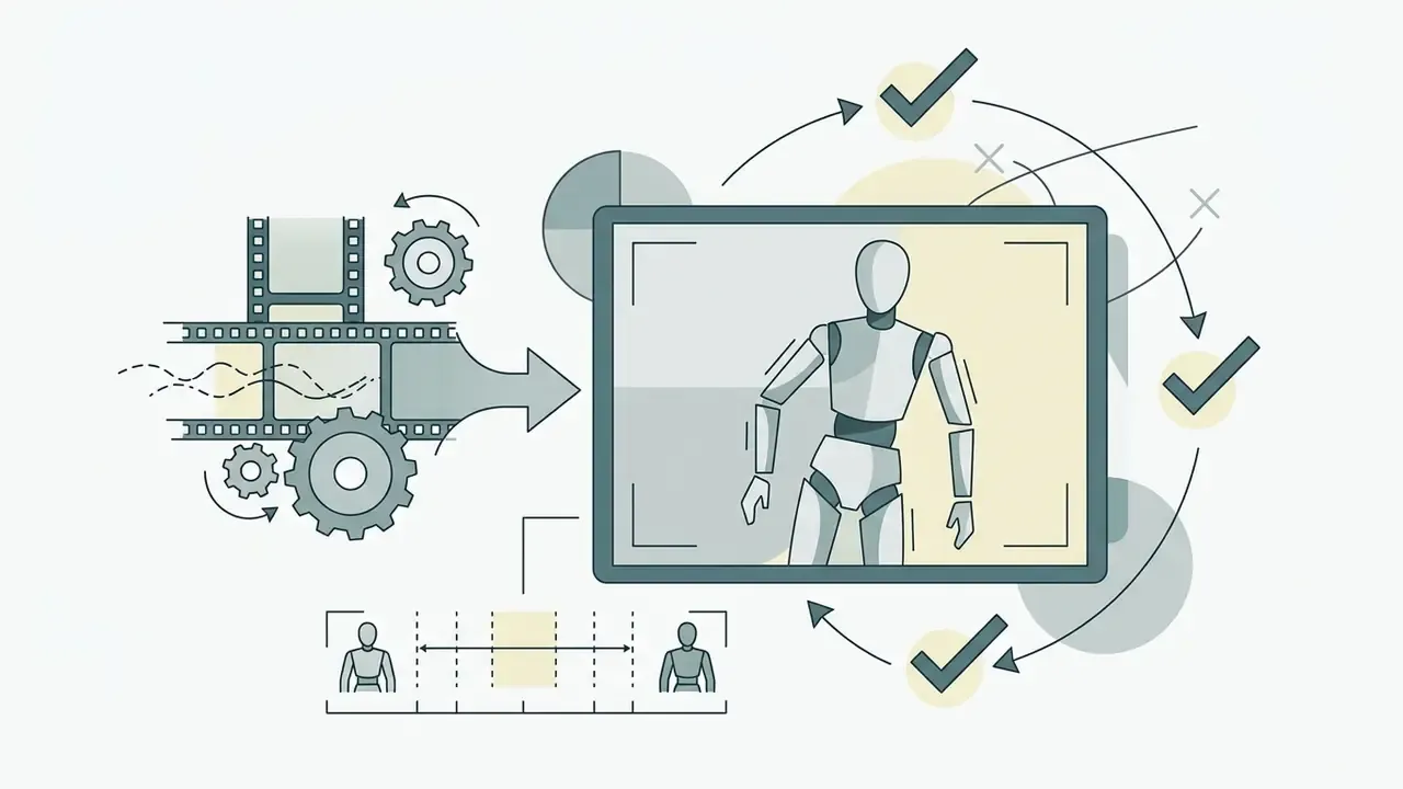 Film strip passing through gears to generate a mannequin figure on a screen with checkmark indicators