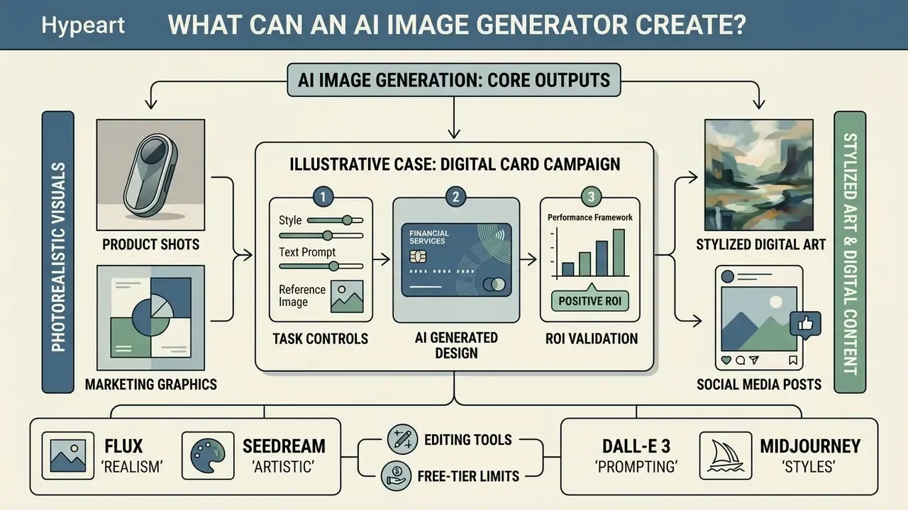Infographic showing how an AI graphic creator produces diverse assets like product shots and digital art