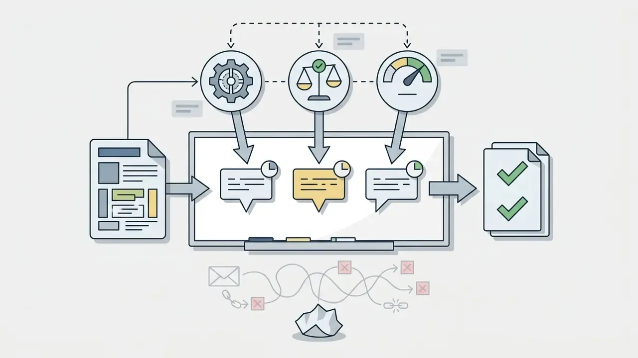 Document feedback process showing comments on a canvas being refined by gears, scales, and a speed gauge