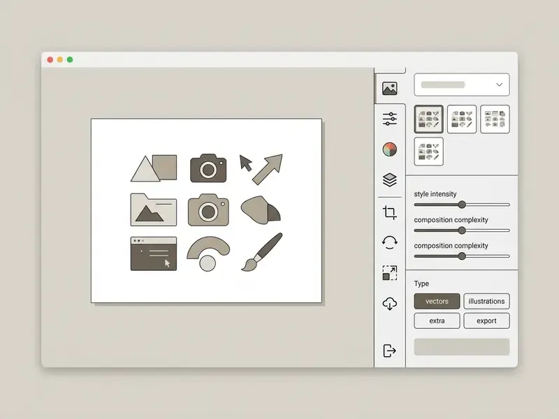 Freepik AI interface showing a canvas with vector icons and side panels for adjusting style and composition