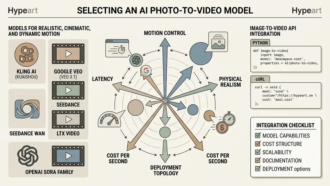 Comparison chart of generative models balancing motion control, realism, latency, and API integration