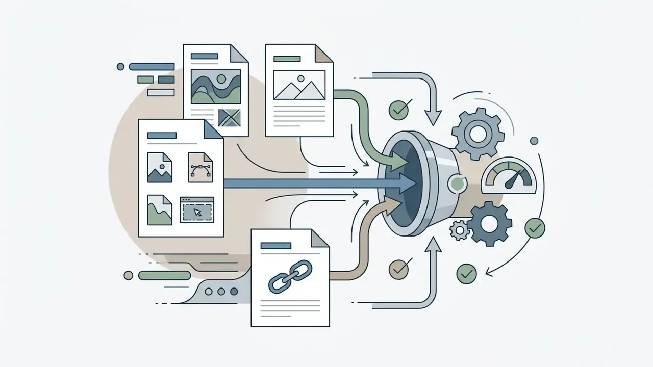 Multiple document and image files flowing into a central processing hub with gears and a speed gauge