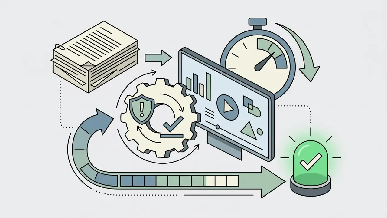Stack of documents and a gear icon connecting to a monitor and timer to show a completed safety process