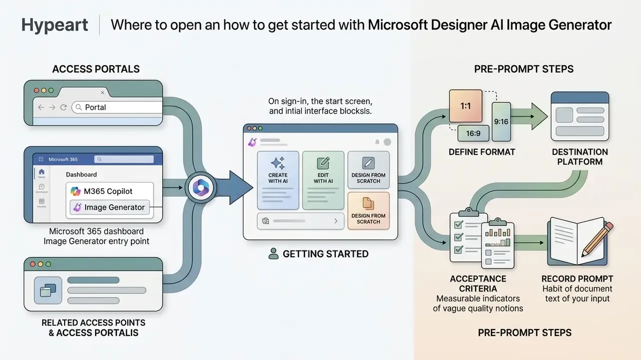 Diagram showing access portals and pre-prompt steps for the Microsoft Designer AI image generator