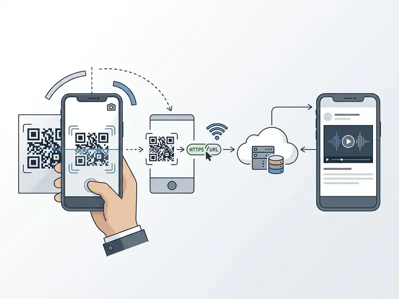 Diagram showing a smartphone scanning a QR code to retrieve a URL and play a video from a cloud server