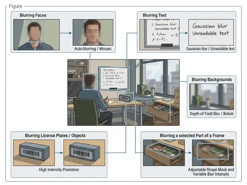 Infographic showing how to blur video online by masking faces, text, backgrounds, and specific objects
