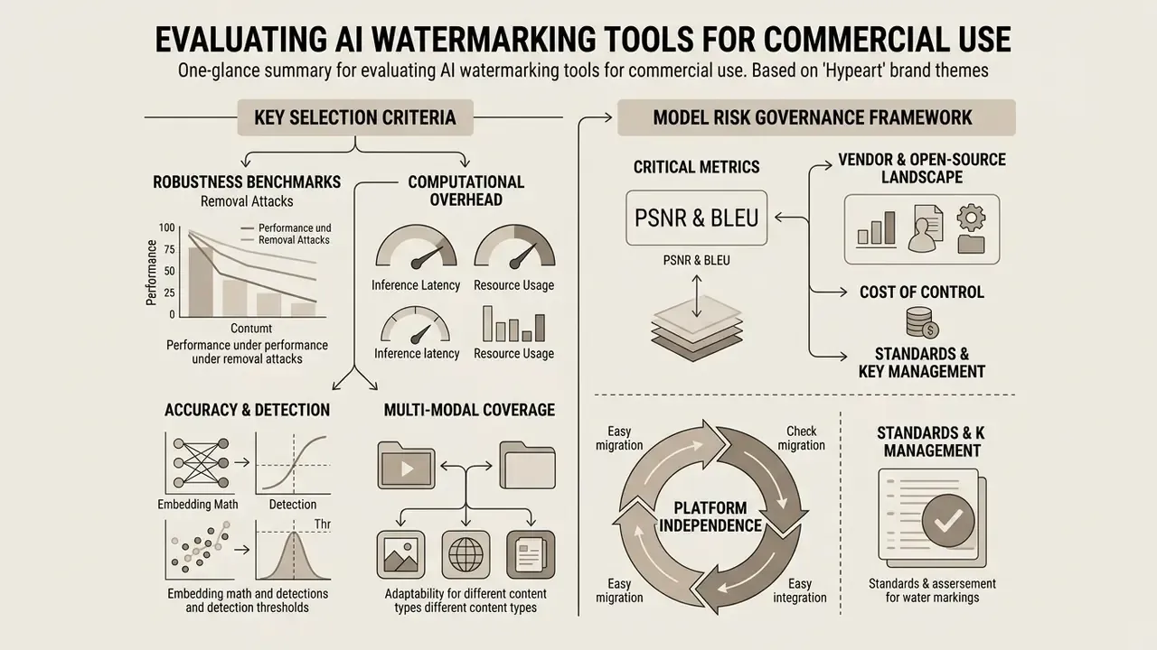 Structured layout comparing selection criteria and governance frameworks for AI watermarking tools